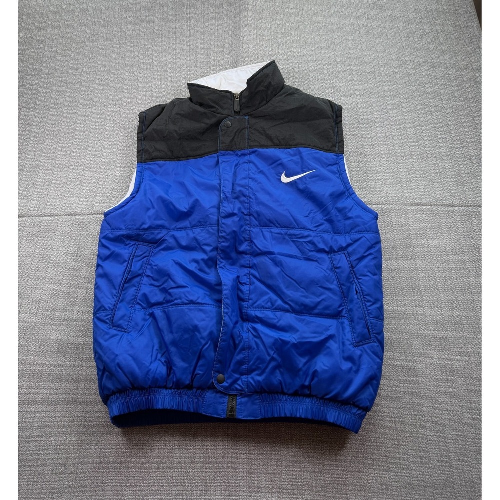 Nike Puffer Vest Boys L 14-16 Blue Black Swoosh Logo Full Zip 920220 KL4